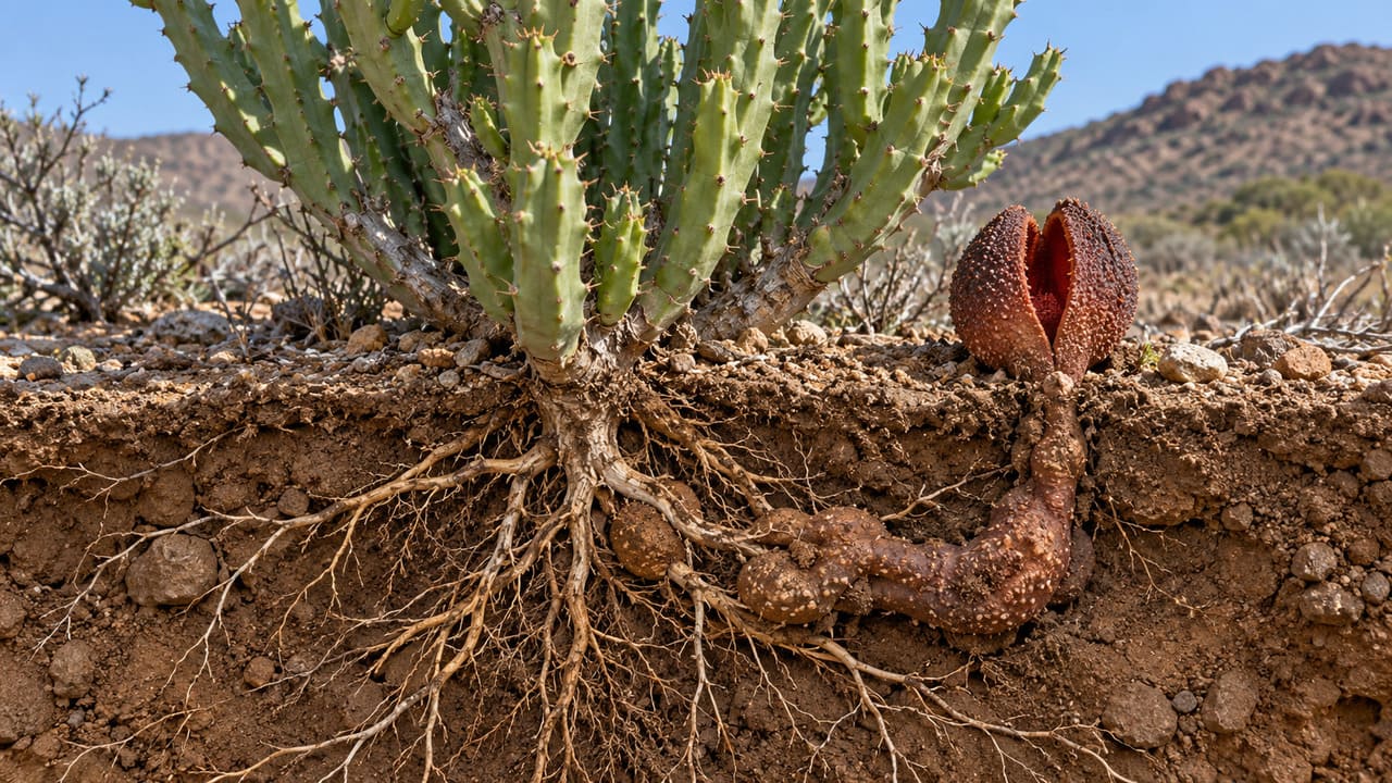 Apesar da aparência incomum, ela é uma planta com flores. Como não possui clorofila, não produz seu alimento pela fotossíntese. Para sobreviver, liga-se às raízes de plantas do gênero Euphorbia e retira delas os nutrientes de que precisa.