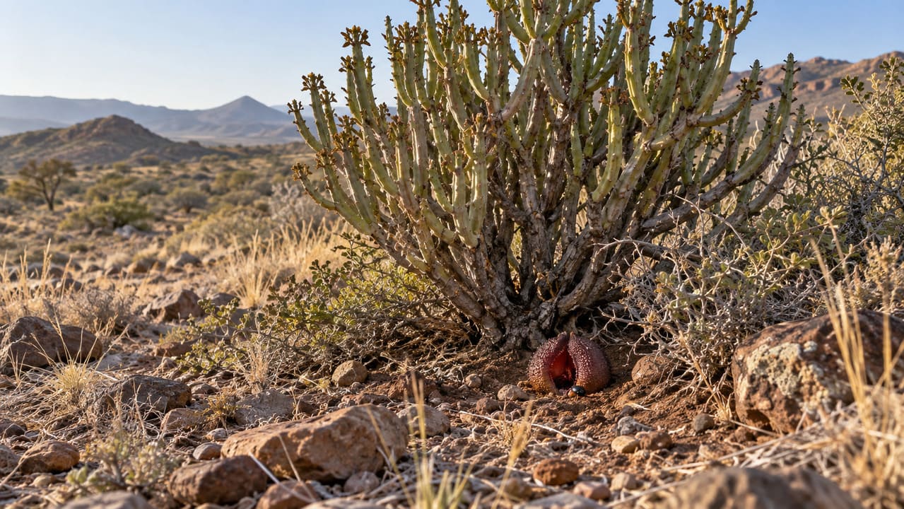 Sem folhas, dependente de outra planta e com uma flor que atrai e prende besouros, a Hydnora africana reúne características raras. Seu modo de vida mostra quantas formas diferentes as plantas encontraram para sobreviver e se reproduzir.