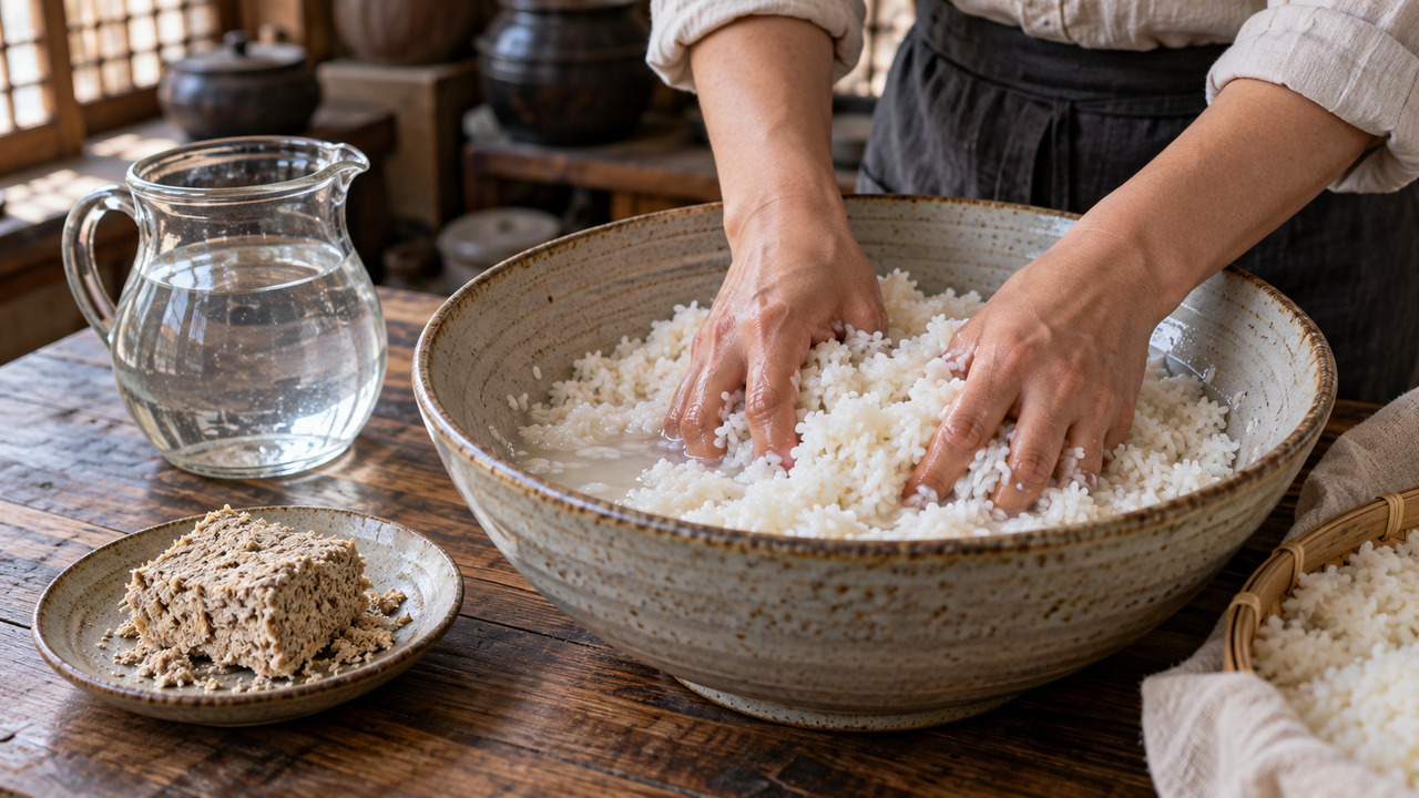 A preparação tradicional combina arroz, água e nuruk, um ingrediente que inicia a fermentação. O arroz é cozido antes de ser misturado aos demais componentes. A receita pode variar conforme o produtor e o método utilizado