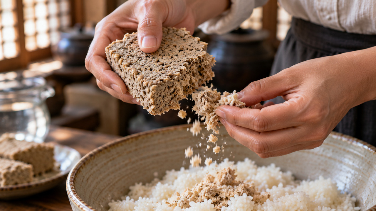 Feito a partir de grãos, o nuruk reúne microrganismos e enzimas essenciais à produção da bebida. Eles ajudam a transformar o amido do arroz em açúcares, que depois são convertidos em álcool. Esse processo também influencia o aroma e o sabor. 