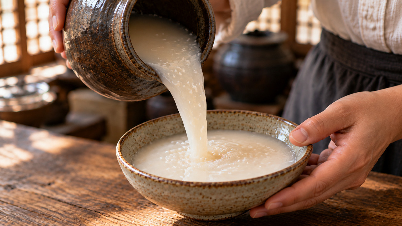 Depois da fermentação, pequenas partículas de arroz permanecem na bebida. São elas que dão ao makgeolli sua aparência leitosa e parte da textura característica. Por isso, ele integra o grupo coreano das bebidas alcoólicas turvas, chamado takju.