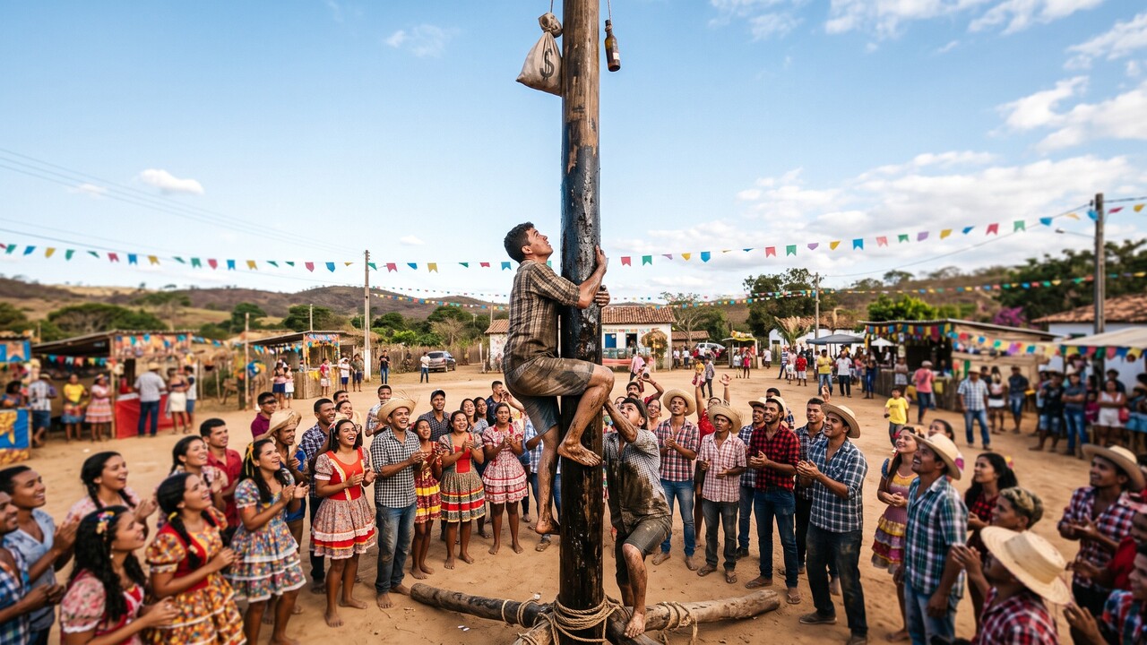 O pau-de-sebo é uma brincadeira comum nas festas juninas e em outras celebrações populares do Brasil. Também conhecido como mastro de cocanha ou poste engraxado, o desafio consiste em subir em um mastro coberto com uma substância gordurosa para alcançar um prêmio colocado no topo. 
 -  (crédito: Imagem Gerada por IA)