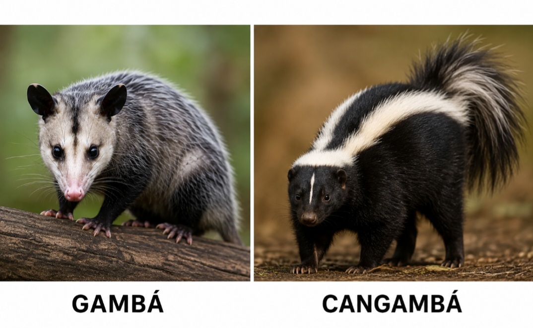 Apesar da confusão comum, gambá e cangambá não são o mesmo animal. O gambá é um marsupial; já o cangambá pertence a outro grupo de mamíferos, mas também exala mau cheiro por esguichar uma secreção de forte odor para afastar ameaças.