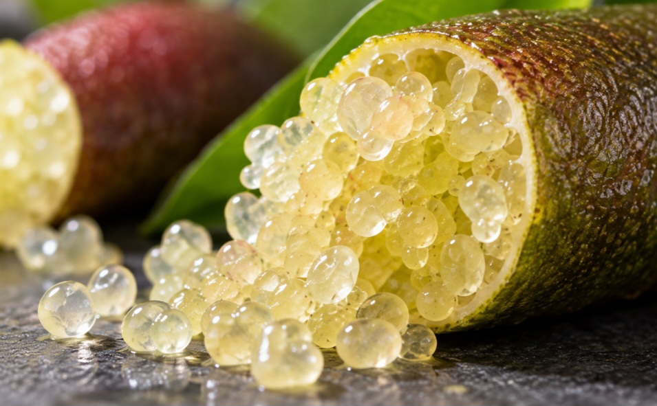 Originário da Austrália, na Oceania, o limão-caviar vem sendo cultivado também no Brasil, inclusive em Santa Catarina. A fruta, que pode alcançar preços entre R$ 600 e R$ 1 mil o quilo, também é conhecida como finger lime — “limão-dedo”, em tradução livre — devido ao seu formato alongado.  -  (crédito: Imagem gerada por i.a )