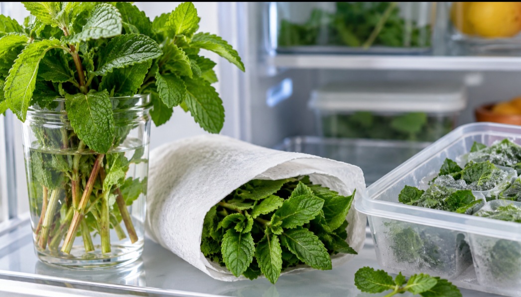 Depois de colhidas, menta e hortelã tendem a murchar rapidamente se não forem bem armazenadas. Na geladeira, podem ser mantidas com os talos em um recipiente com um pouco de água ou envolvidas em papel levemente úmido. As folhas também podem ser congeladas para uso posterior em bebidas e receitas.