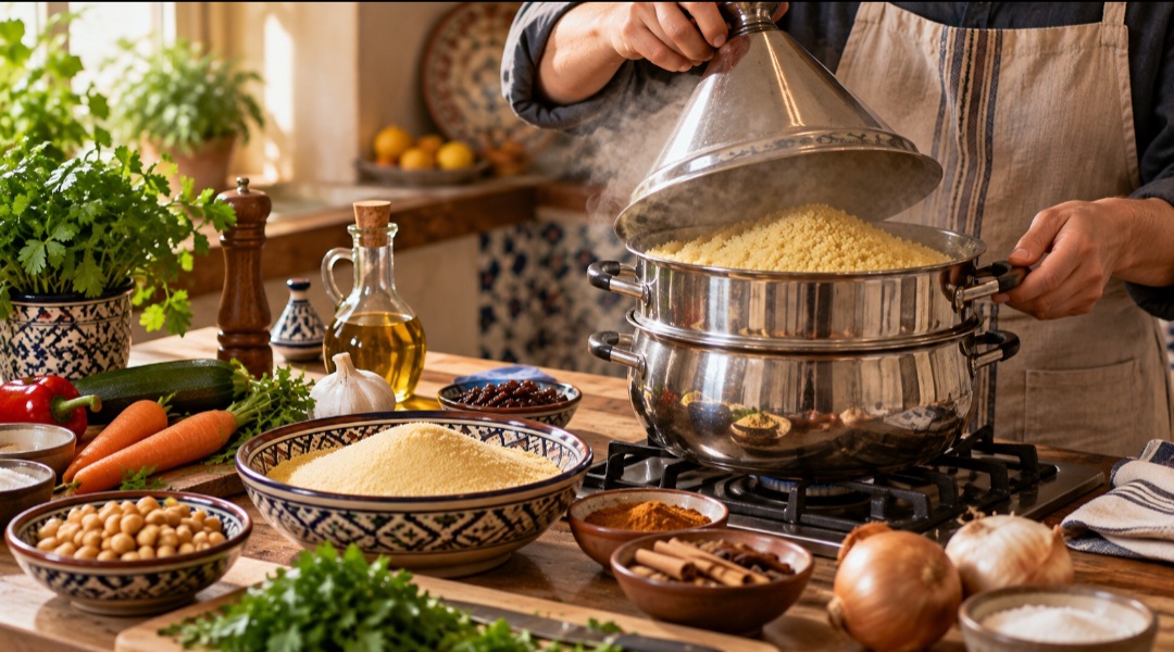 Usar a proporção indicada na embalagem entre líquido fervente e cuscuz é essencial para obter uma textura macia e soltinha. Basta acrescentar água salgada ou caldo quente, tampar o recipiente e deixar os grânulos hidratarem por cerca de cinco minutos. Depois, um fio de azeite e movimentos delicados com o garfo ajudam a separar os grânulos e deixam o preparo mais aerado.