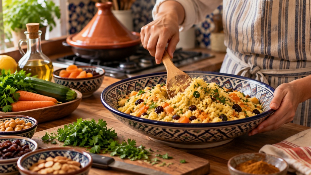 O sabor suave do cuscuz marroquino funciona como uma base versátil, capaz de absorver temperos, molhos e o aroma das ervas. Em versões frias, combina com hortelã, tomate e limão; servido quente, acompanha carnes, leguminosas e legumes assados. Assim, pode aparecer tanto em refeições simples do cotidiano quanto em pratos mais elaborados para ocasiões especiais.