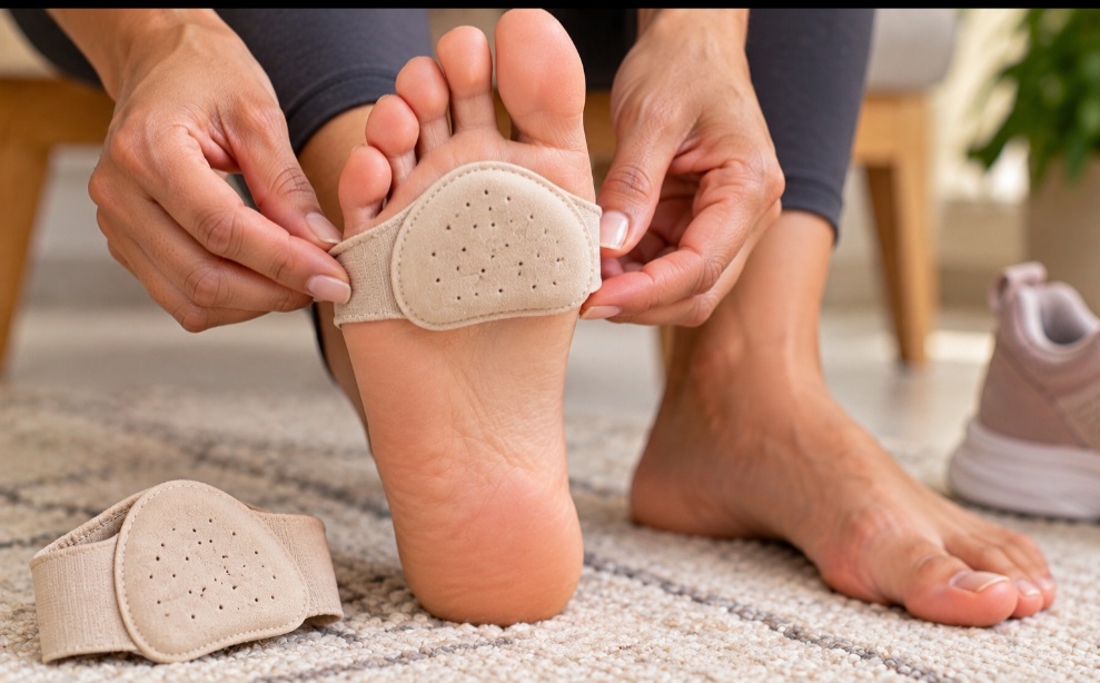 Almofada metatarsal
Colocada sob a região anterior do pé, próxima à base dos dedos, ajuda a redistribuir a pressão durante a caminhada. Pode ser útil para algumas pessoas que sentem dor ou sobrecarga nessa área. O posicionamento correto faz diferença, pois colocá-la no lugar errado pode aumentar o desconforto.