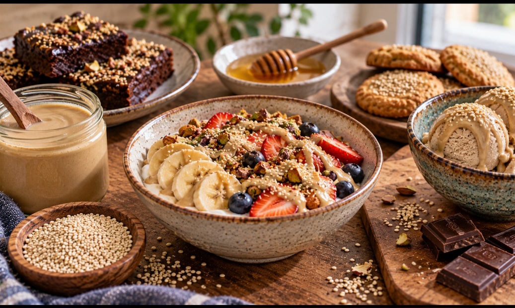 Embora seja muito associado a pratos salgados, o tahine também combina com mel, frutas, chocolate e diferentes sobremesas. Em algumas culinárias, aparece em doces tradicionais, enquanto receitas contemporâneas o utilizam em bolos, biscoitos, cremes e até sorvetes.