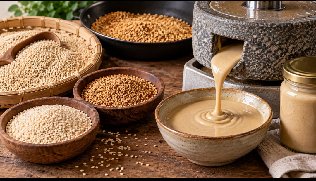 As sementes de gergelim são selecionadas e podem ser descascadas e torradas antes da moagem, dependendo do produto. Depois, são trituradas até formar uma pasta homogênea, graças à própria gordura naturalmente presente no gergelim.