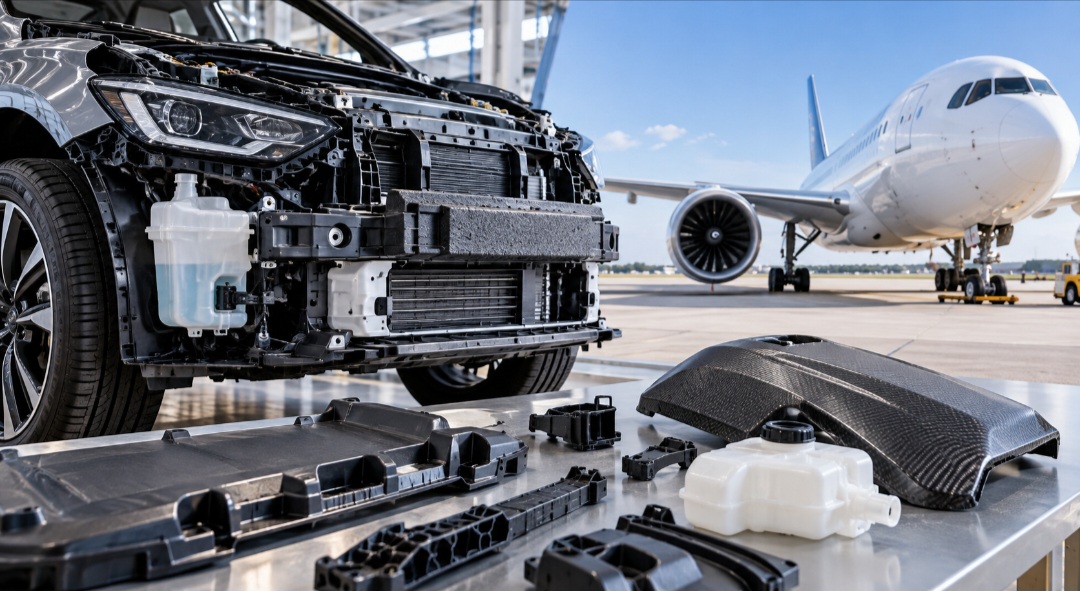 A engenharia automotiva e a aviação utilizam compostos poliméricos leves e ultra-resistentes para substituir peças metálicas pesadas na estrutura interna e externa dos veículos. A redução drástica do peso total dos automóveis e aviões diminui o consumo de combustíveis fósseis e mitiga a emissão de gases poluentes na atmosfera. A alta resistência mecânica dos novos plásticos de engenharia garante a máxima absorção de impactos em acidentes, protegendo a integridade dos passageiros.