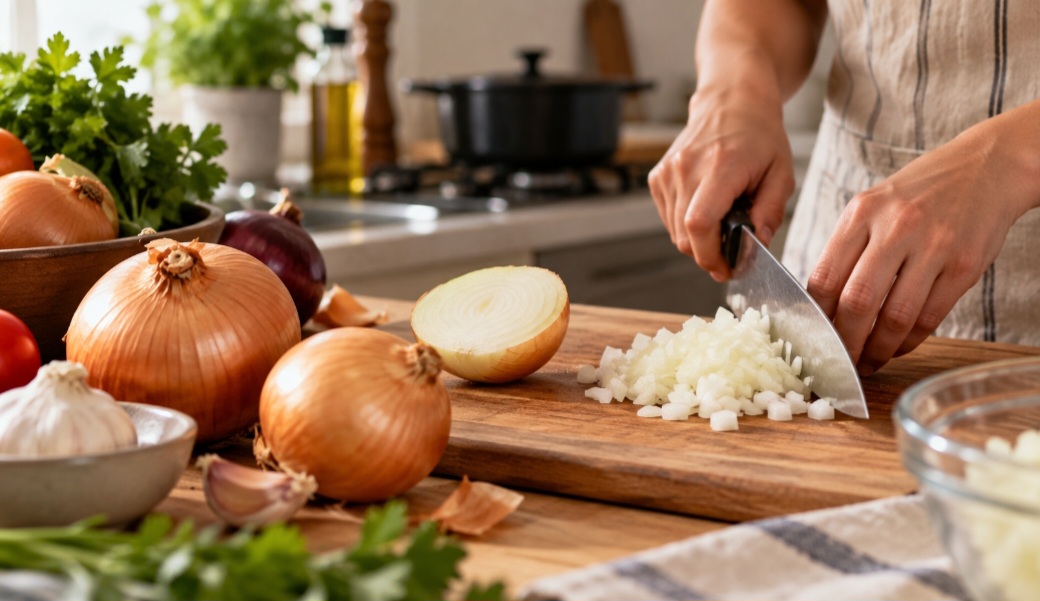 A cebola é um dos ingredientes mais usados na gastronomia mundial. Ela  é uma base importante de inúmeras receitas. Seu aroma e sabor ajudam a construir o perfil de pratos simples ou elaborados. -  (crédito: Imagem gerada por i.a )