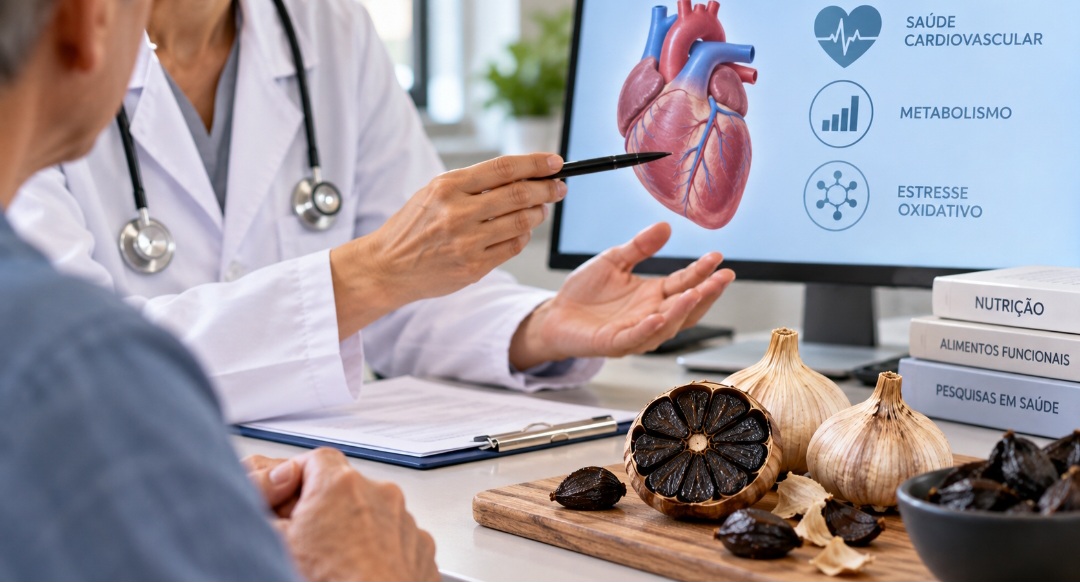 Pesquisas investigam possíveis efeitos do alho negro sobre marcadores cardiovasculares, metabólicos e oxidativos. Mas isso não significa que o alimento previna ou trate doenças por conta própria. Os resultados dependem do tipo de produto, quantidade consumida e qualidade dos estudos.