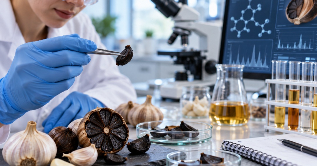 O tratamento térmico modifica vários componentes químicos originalmente presentes no alho. Estudos identificam no alho negro compostos antioxidantes e alterações em substâncias sulfuradas e fenólicas. Isso despertou interesse científico por suas propriedades.