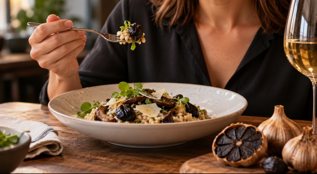 O alho negro pode aparecer em molhos, massas, risotos, carnes, peixes, sanduíches e até preparações mais criativas. Como possui textura macia, também pode ser transformado em pastas e purês. Pequenas quantidades já acrescentam bastante sabor.