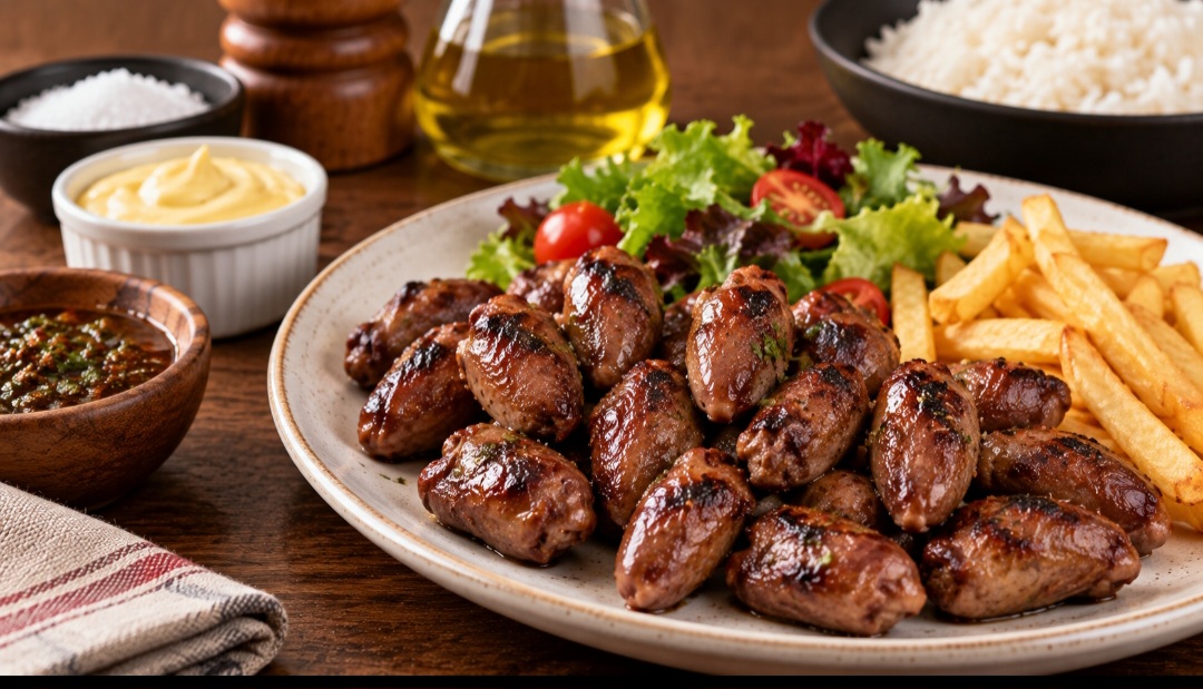 O coração de galinha é um dos miúdos mais consumidos no Brasil e ganhou espaço especialmente nas churrascarias. Pequeno e de sabor marcante, pode ser preparado na brasa, na frigideira, em espetinhos ou incorporado a diferentes receitas. -  (crédito: Imagem gerada por i.a )
