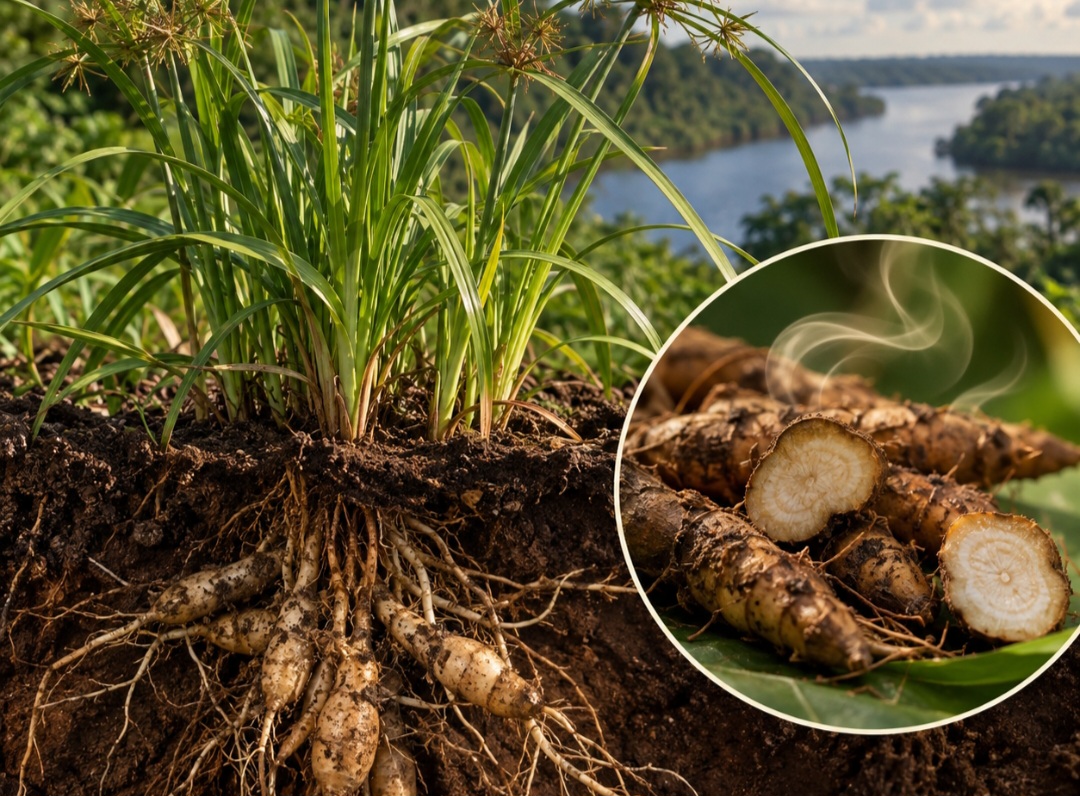 A priprioca é o nome dado a plantas aromáticas do gênero Cyperus, com destaque para Cyperus articulatus. À primeira vista lembra um capim, mas seu grande segredo está nos rizomas e tubérculos subterrâneos, de onde vem seu aroma característico. -  (crédito: Imagem gerada por i.a )
