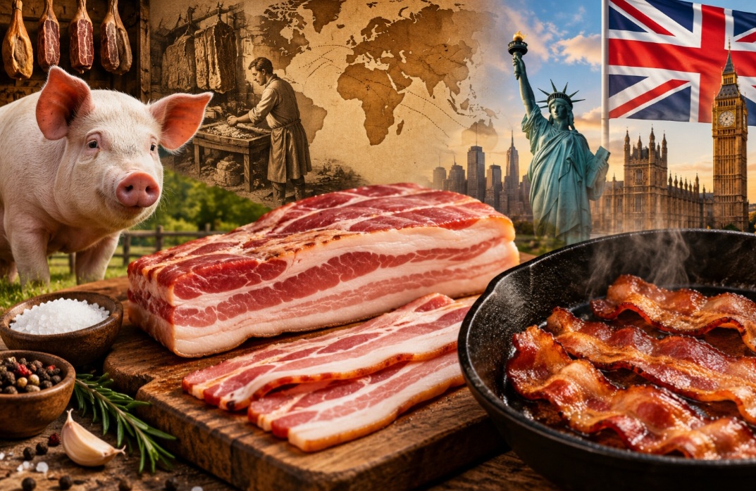 O bacon é um produto suíno curado, normalmente preparado com cortes ricos em gordura e carne. Ficou fortemente associado à culinária dos Estados Unidos e do Reino Unido, mas alimentos semelhantes existem há séculos em diferentes países. -  (crédito: Imagem gerada por i.a )