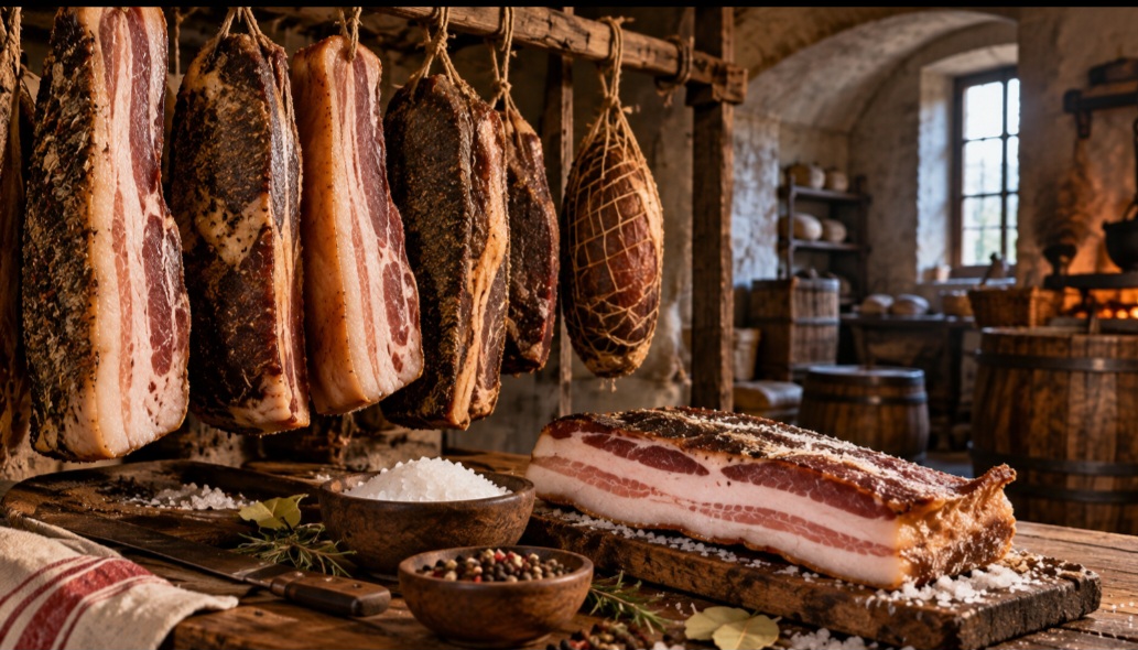 A fabricação geralmente envolve cura com sal e outros ingredientes, seguida ou não de defumação. Esses processos ajudam a desenvolver aroma, textura e sabor, enquanto a composição e o método de fabricação podem variar bastante entre os produtores.