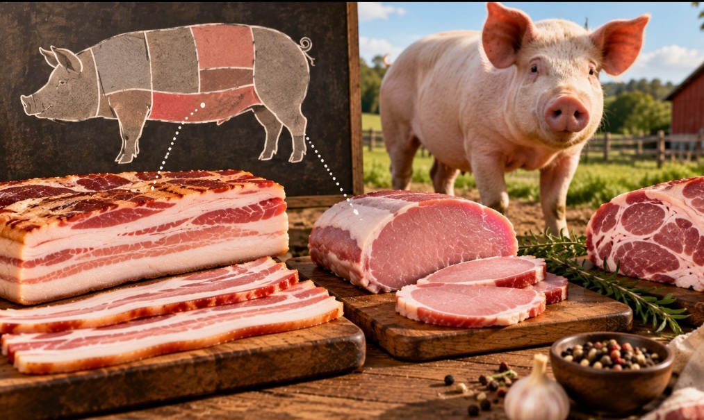 Nos Estados Unidos, o mais comum é feito da barriga suína, responsável pelas conhecidas faixas alternadas de carne e gordura. Em outros lugares, o produto pode ser preparado com cortes do lombo ou de outras partes do porco.