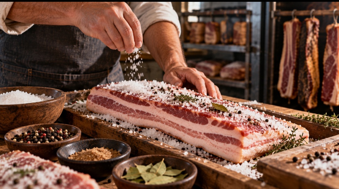Muito antes da refrigeração, salgar e curar a carne era uma maneira importante de prolongar sua conservação. Preparações que deram origem aos diferentes tipos de bacon desenvolveram-se especialmente na Europa, com métodos que variavam conforme cada região.