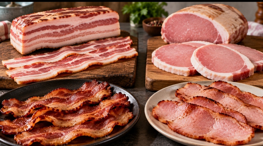 O bacon americano de barriga é apenas uma das versões existentes. O chamado back bacon, popular no Reino Unido e na Irlanda, utiliza principalmente o lombo e apresenta aparência e proporção de gordura bem diferentes das tiras comuns nos Estados Unidos.