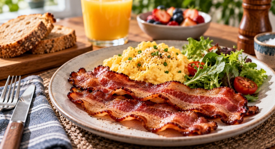 Por ser uma carne processada, o bacon costuma apresentar quantidade elevada de sódio e gordura, dependendo do produto. Por isso, faz mais sentido consumi-lo ocasionalmente e em pequenas porções dentro de uma alimentação equilibrada, em vez de transformá-lo em presença diária.
