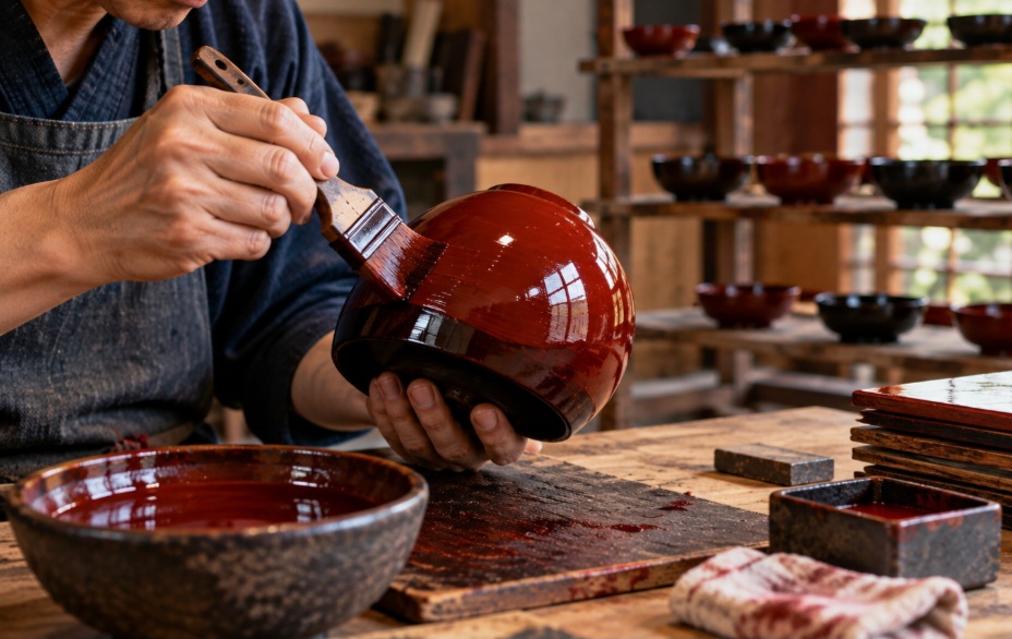 Uma peça laqueada tradicionalmente não recebe apenas uma demão. O artesão pode aplicar sucessivas camadas muito finas, respeitando períodos de endurecimento entre elas. Trabalhos especialmente elaborados podem exigir dezenas ou até centenas de aplicações.