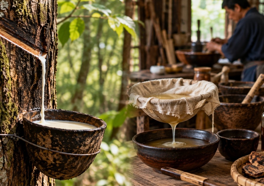A laca tradicional do leste asiático é produzida a partir da seiva de árvores da família Anacardiaceae, especialmente Toxicodendron vernicifluum. Pequenas incisões no tronco permitem recolher a matéria-prima, que depois passa por preparação antes de ser utilizada pelos artesãos.