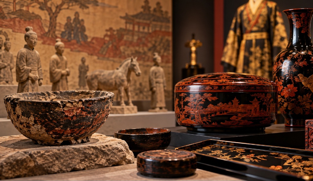 O uso da laca na China remonta a milhares de anos. Descobertas arqueológicas revelaram objetos revestidos com o material desde o período Neolítico. Com o passar dos séculos, a técnica ganhou enorme sofisticação e passou a ser empregada também em peças artísticas e cerimoniais.
