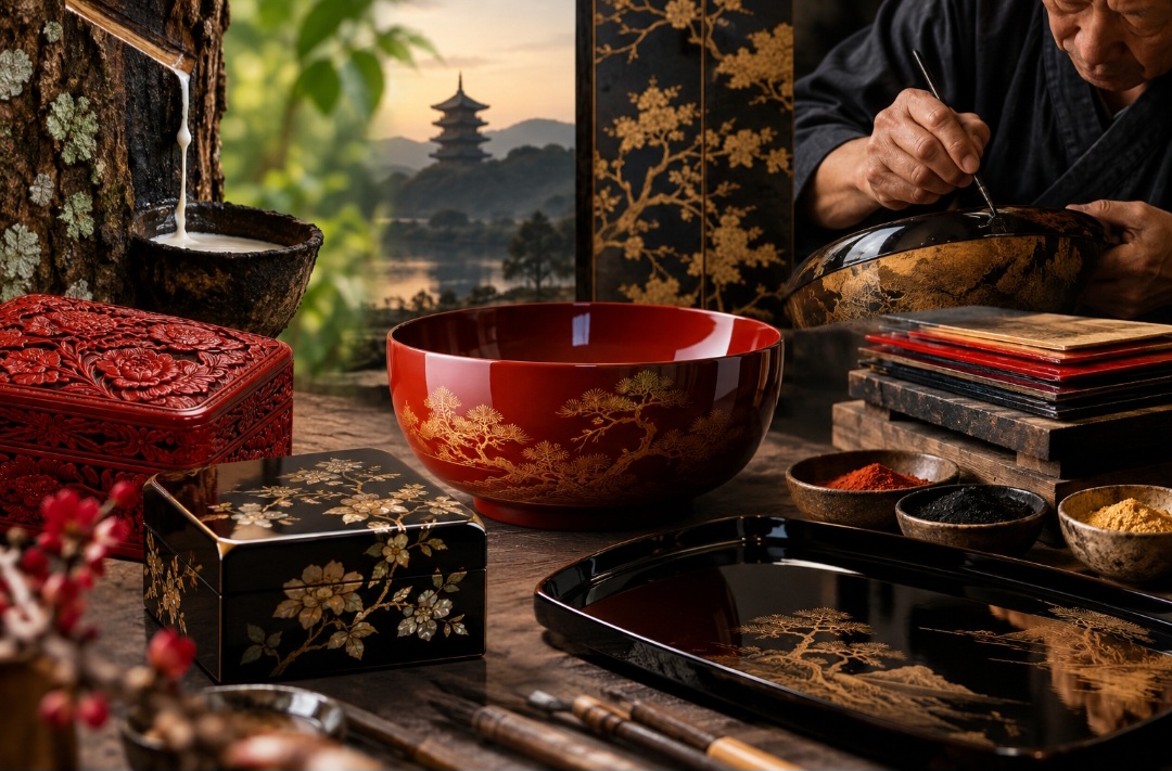 No Japão, a laca natural é conhecida como urushi e está profundamente ligada ao artesanato tradicional. Tigelas, caixas, bandejas e outros objetos podem receber esse acabamento. Algumas técnicas ainda acrescentam ouro, prata ou outros materiais para criar delicados desenhos decorativos.
