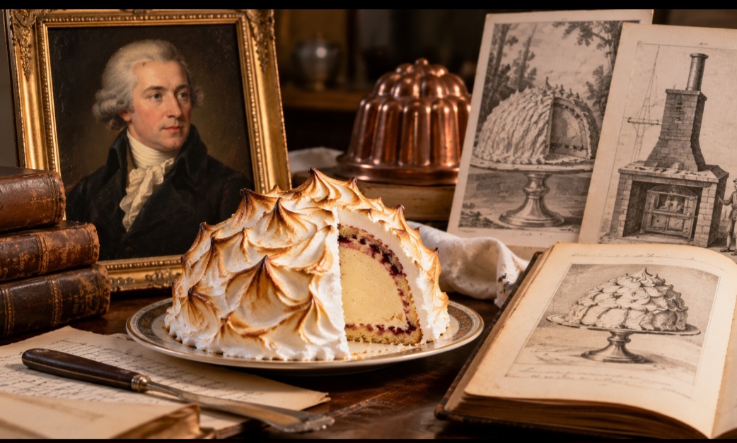 A origem exata do Baked Alaska não é consensual. Preparações que combinavam sorvete e merengue já existiam no século XIX, e o desenvolvimento da sobremesa também é relacionado aos estudos sobre isolamento térmico atribuídos ao cientista Benjamin Thompson, o conde Rumford.
