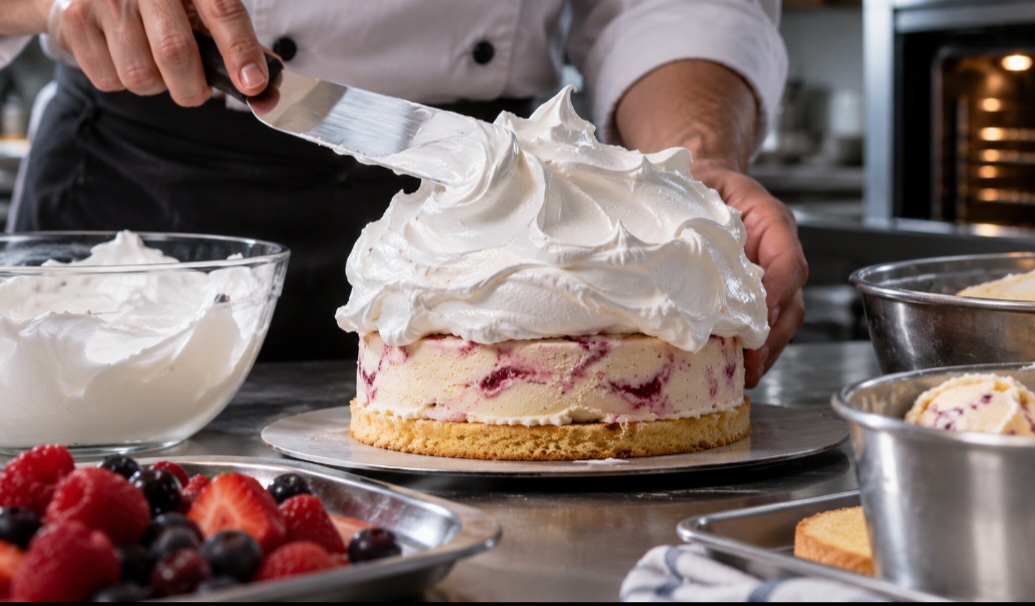 Parece impossível colocar sorvete no forno sem transformá-lo em líquido. O merengue, porém, contém inúmeras pequenas bolhas de ar que dificultam a transferência de calor. O bolo também contribui para proteger o sorvete durante o rápido aquecimento.