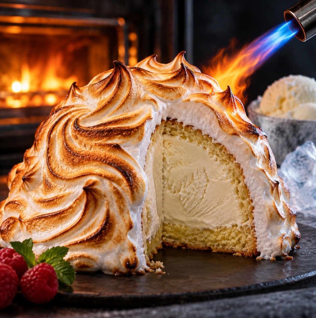 A sobremesa combina uma base de bolo, sorvete bem congelado e uma generosa camada de merengue. A parte externa é submetida a calor intenso até dourar, enquanto o objetivo é manter o interior gelado.