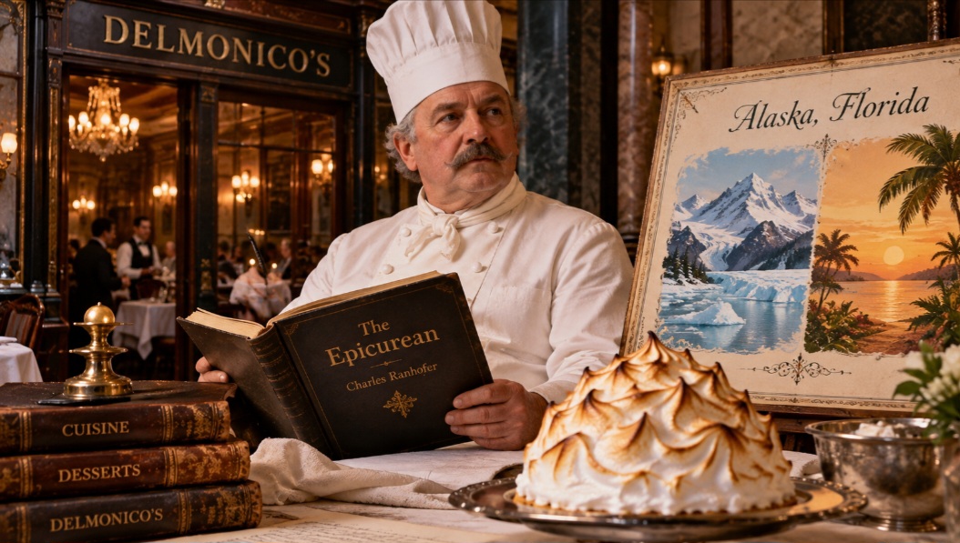 O chef Charles Ranhofer, do célebre restaurante Delmonico's, de Nova York, incluiu em seu livro The Epicurean uma preparação chamada “Alaska, Florida”. O nome brincava com dois extremos climáticos: o frio do Alasca e o calor da Flórida.