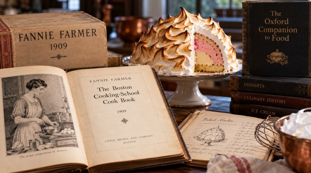 Embora versões da sobremesa sejam bem mais antigas, referências ao nome moderno “Baked Alaska” aparecem posteriormente. O Oxford Companion to Food registra sua presença em publicações culinárias do começo do século XX, incluindo uma edição de 1909 do livro de Fannie Farmer.