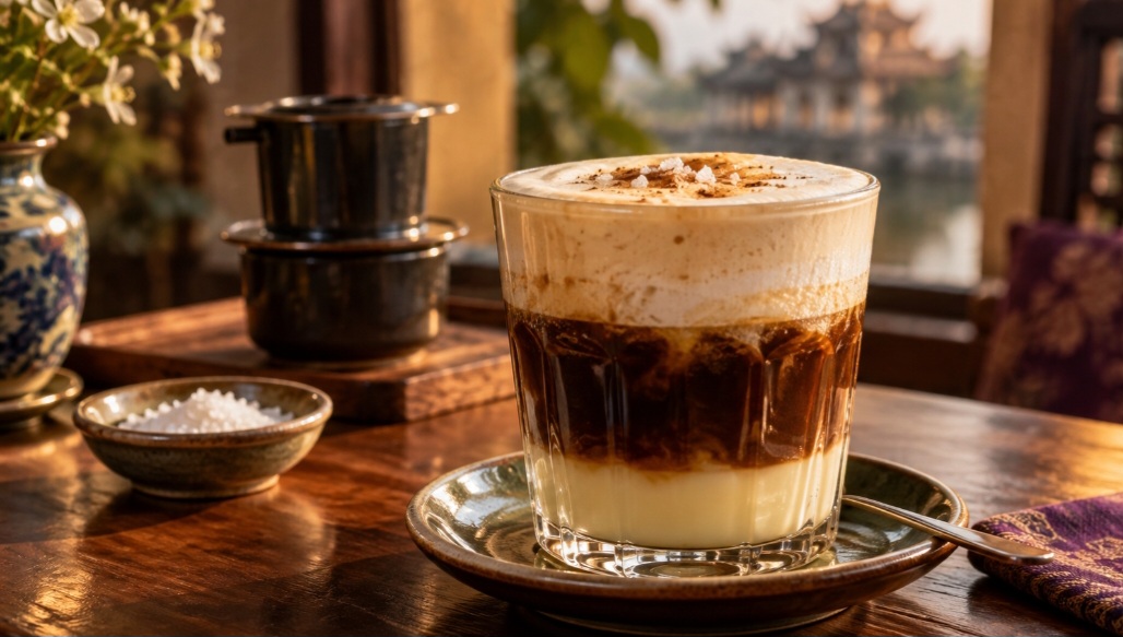 Um tipo de café bem diferente do habitual tem feito sucesso no Vietnã. Chamado cà phê mu?i — expressão que significa “café com sal” em vietnamita —, ele conquista cada vez mais admiradores, embora ainda desperte a desconfiança dos consumidores mais tradicionalistas. -  (crédito: Imagem gerada por i.a )