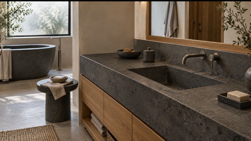 Bancadas, pias e mesas – Blocos e chapas de basalto também são transformados em bancadas, lavatórios, tampos de mesa e outros elementos decorativos. Dependendo das características da pedra, a superfície pode receber impermeabilização.