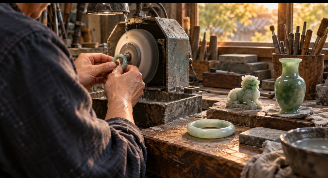 O jade pode ser transformado em pulseiras, anéis, vasos, estatuetas e esculturas detalhadas. Cor, transparência, textura, tamanho, qualidade do trabalho e presença de tratamentos influenciam diretamente seu valor.