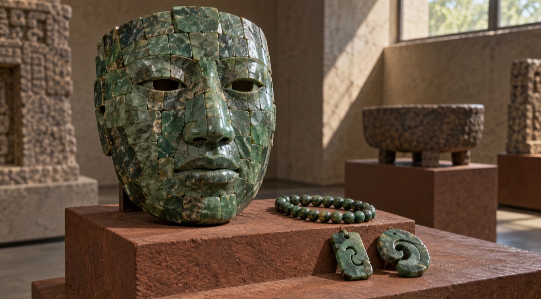 Povos olmecas, maias e outras civilizações mesoamericanas produziram máscaras, contas, pingentes e objetos rituais de jadeíta. Sua raridade e sua coloração contribuíram para que a pedra fosse relacionada ao poder e ao sagrado.