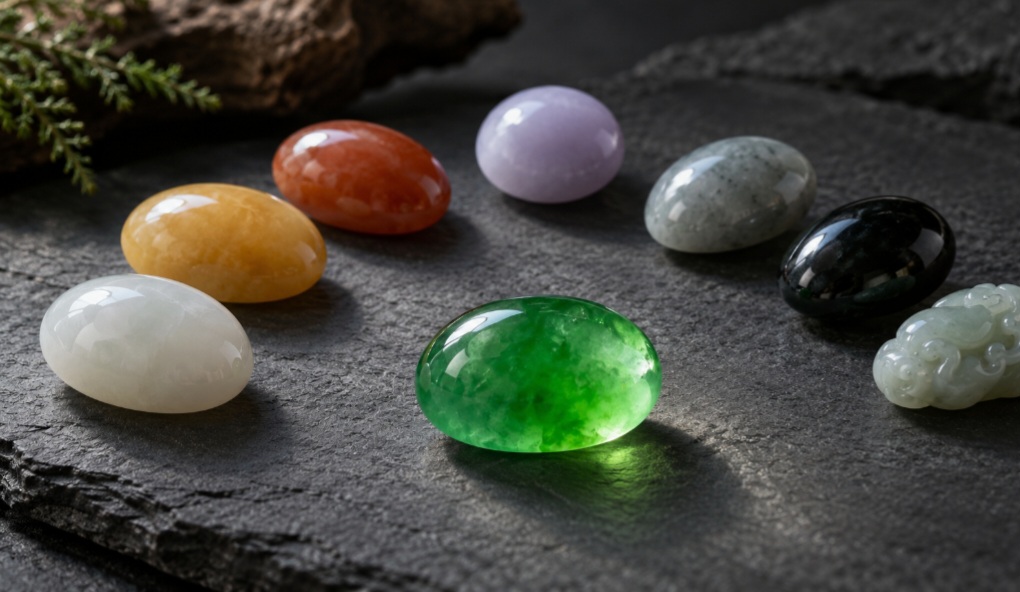 A pedra pode exibir tonalidades brancas, amarelas, avermelhadas, lilases, acinzentadas e quase pretas. A jadeíta verde intensa e translúcida, conhecida como jade imperial, está entre as variedades mais valorizadas.