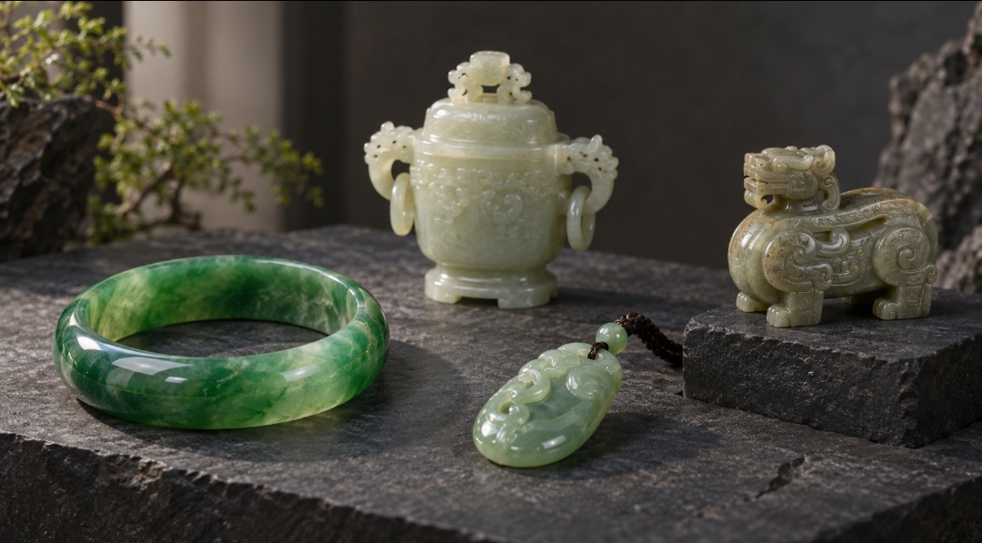 Conhecido pela beleza, resistência e importância cultural, o jade é trabalhado há milhares de anos. A pedra aparece em joias, esculturas, utensílios e objetos cerimoniais produzidos por diferentes civilizações. -  (crédito: Imagem gerada por i.a )