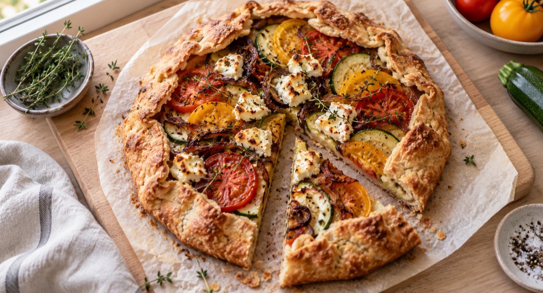 Galette salgada – Rústica e aberta, essa torta francesa apresenta bordas dobradas sobre o recheio. Tomate com queijo, abobrinha, cebola caramelizada, cogumelos, alho-poró e queijos de sabor marcante valorizam sua massa crocante.