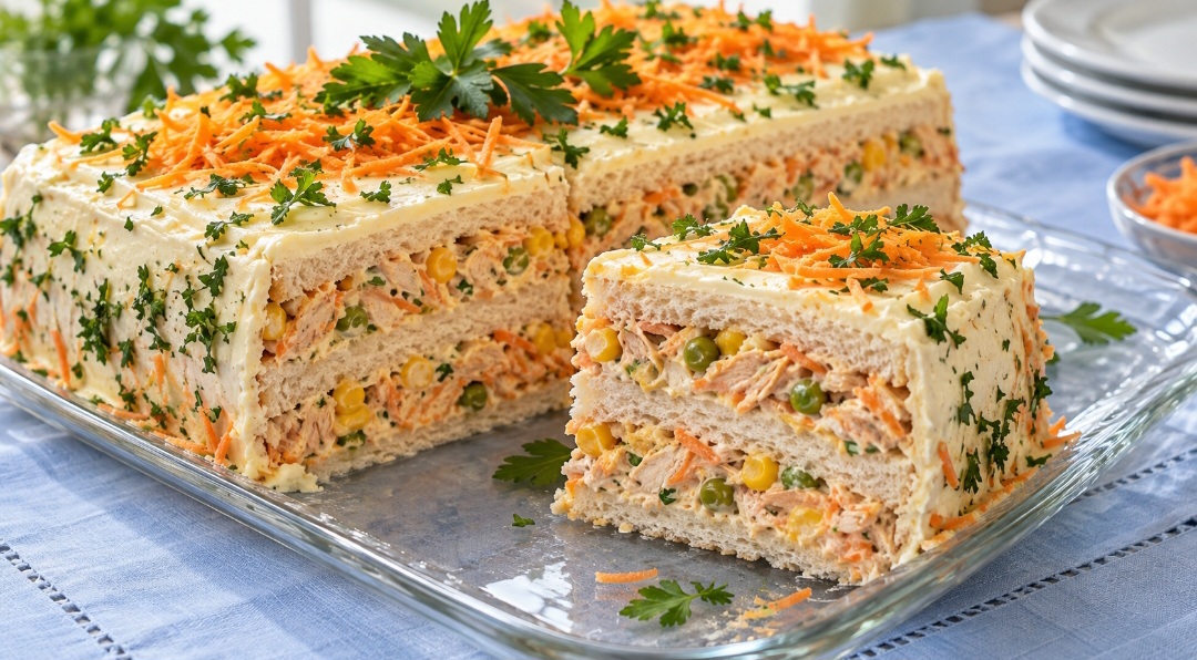 Torta de pão de forma – Servida fria ou levada rapidamente ao forno, é uma opção prática para festas e lanches. Frango cremoso, atum, cenoura, milho, ervilha e pastas temperadas funcionam bem, pois ajudam a manter as camadas úmidas.
