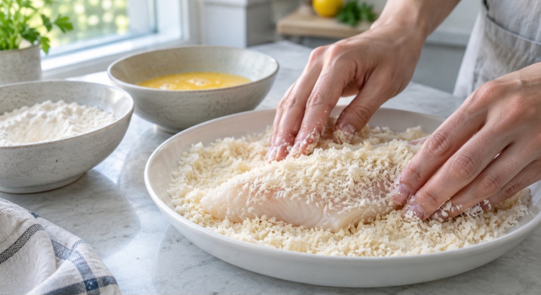 Como empanar – Uma sequência comum é passar o alimento na farinha de trigo, depois no ovo batido e, por último, na panko. Pressionar os flocos suavemente ajuda a cobrir toda a superfície.