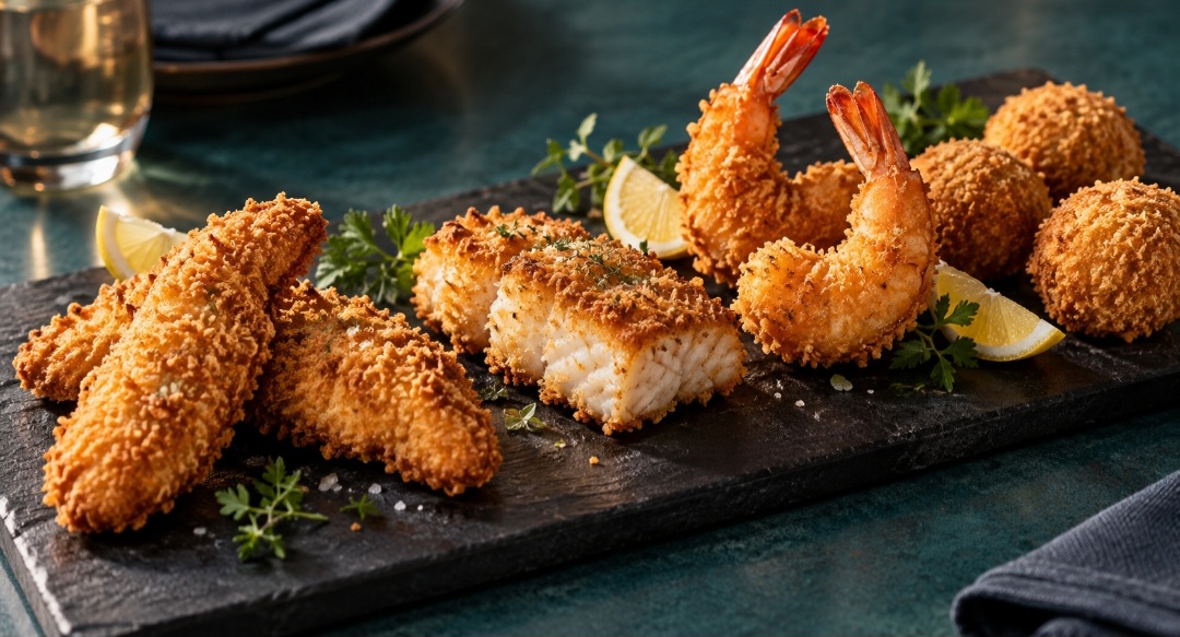 Ela aparece em pratos como o tonkatsu, costeleta de porco empanada e frita, e o ebi fry, feito com camarão. Em ambos, a crosta é parte marcante da textura. 