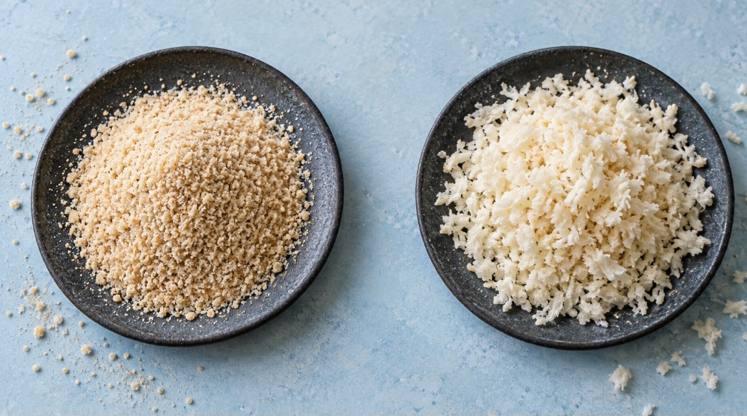 Panko e farinha de rosca – A diferença mais fácil de perceber está na aparência: a farinha de rosca tradicional costuma ser fina, enquanto a panko tem flocos maiores. Depois de frita, a panko tende a formar uma casquinha mais aerada.