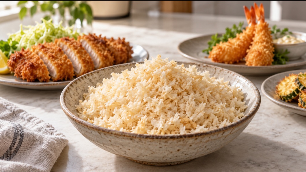 Leve e feita de flocos maiores que os da farinha de rosca comum, a panko ganhou espaço muito além da cozinha japonesa. Ela é conhecida pela crosta crocante que forma em carnes, frutos do mar e vegetais, mas também pode dar textura a pratos assados. Conheça suas características e maneiras de usá-la. -  (crédito: Imagem gerada por )