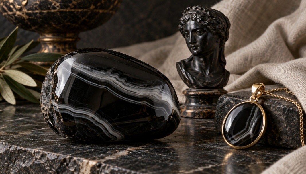 Conhecido principalmente pela aparência negra e brilhante, o ônix atravessou diferentes civilizações como matéria-prima de joias, esculturas e objetos ornamentais. A pedra também pode apresentar faixas brancas e outras variações de cor. -  (crédito: Imagem gerada por i.a )