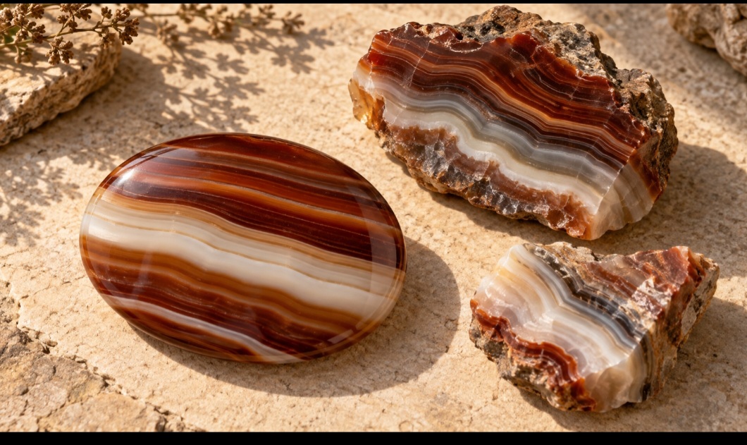 Embora a variedade negra seja a mais famosa, a pedra pode combinar faixas brancas, cinzentas, marrons e avermelhadas. Quando apresenta camadas em tons castanhos ou vermelhos alternadas com áreas claras, recebe o nome de sardônica.